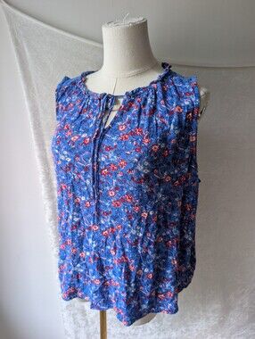 Studio B By Bobeau Royal Blue Red Flower Floral High Neck Blouse Tie